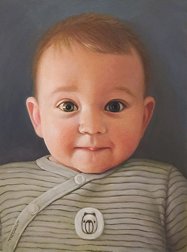A photograph of an oil painting depicting a bright-eyed baby boy staring at the viewer