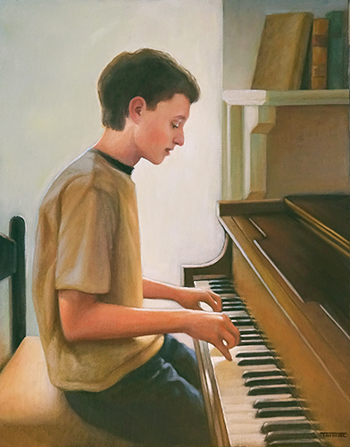A photograph of an oil painting depicting a teenage boy backlit by a window, sitting at a black piano